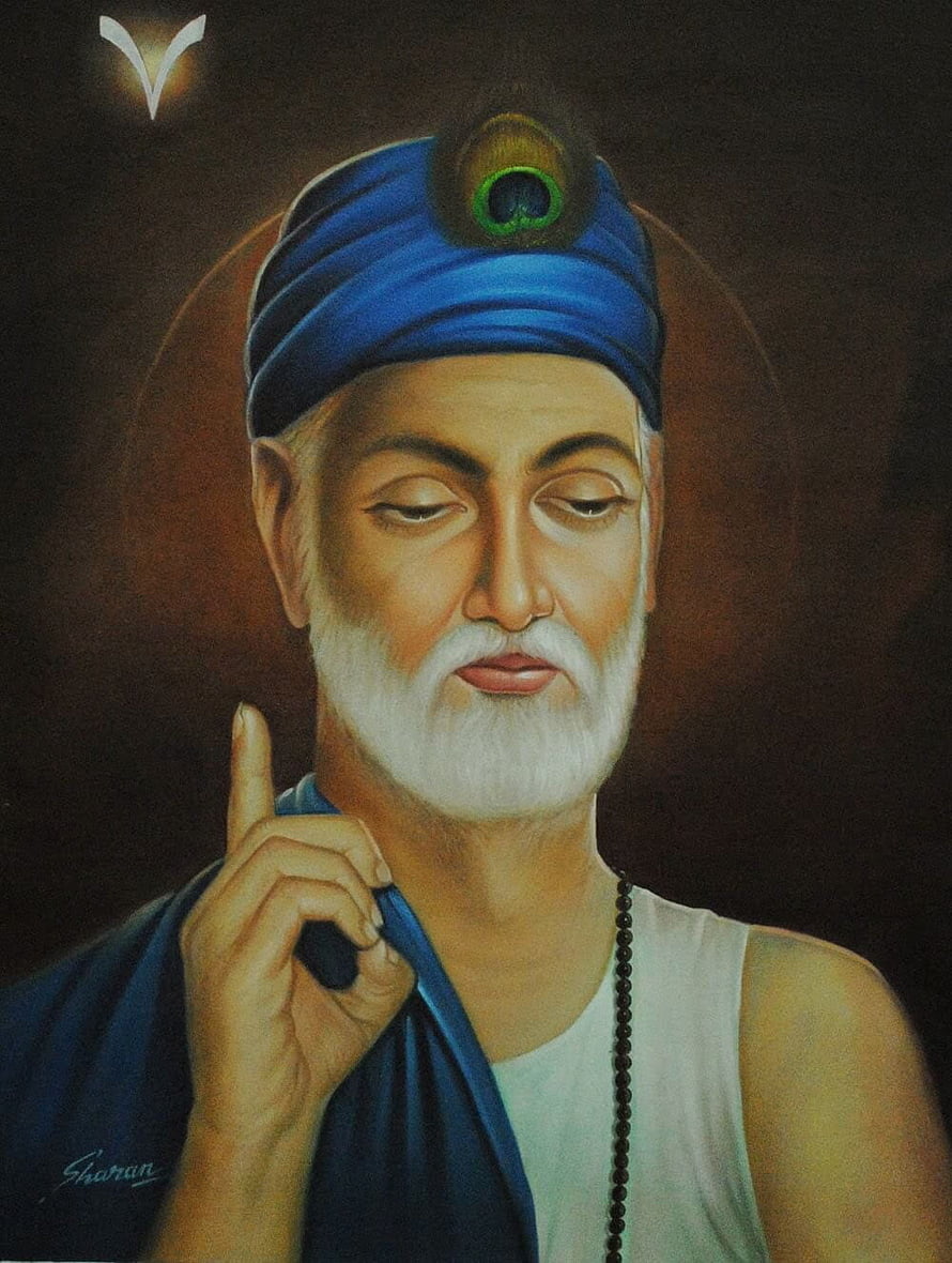 Portrait of Kabir Das in Blue Turban with Peacock Feather and Prayer Beads HD phone wallpaper