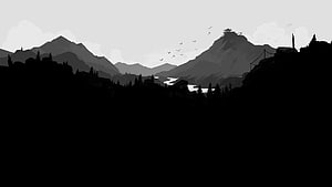 Monochrome Mountain Silhouette Landscape with Distant Temple and Birds in Flight HD wallpaper