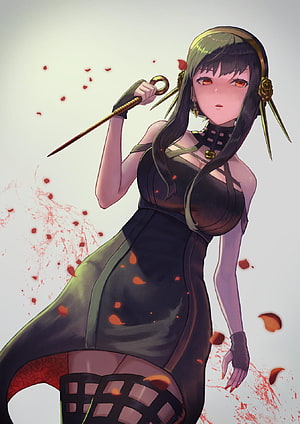 Yor Forger from Spy x Family in a dark dress holding a dagger with red petals and splatter effects HD phone wallpaper