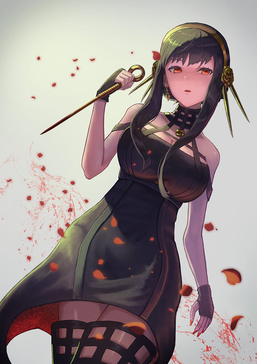 Yor Forger from Spy x Family in a dark dress holding a dagger with red petals and splatter effects HD phone wallpaper