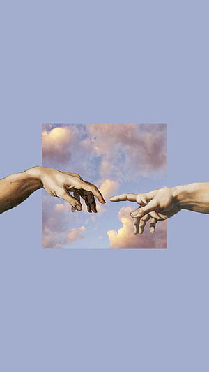 Michelangelo's Creation of Adam Hands Reaching Toward Each Other Against a Soft Cloudy Sky HD phone wallpaper