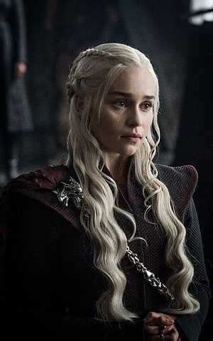 Daenerys Targaryen in Dark Medieval Attire with Silver Dragon Brooch HD phone wallpaper