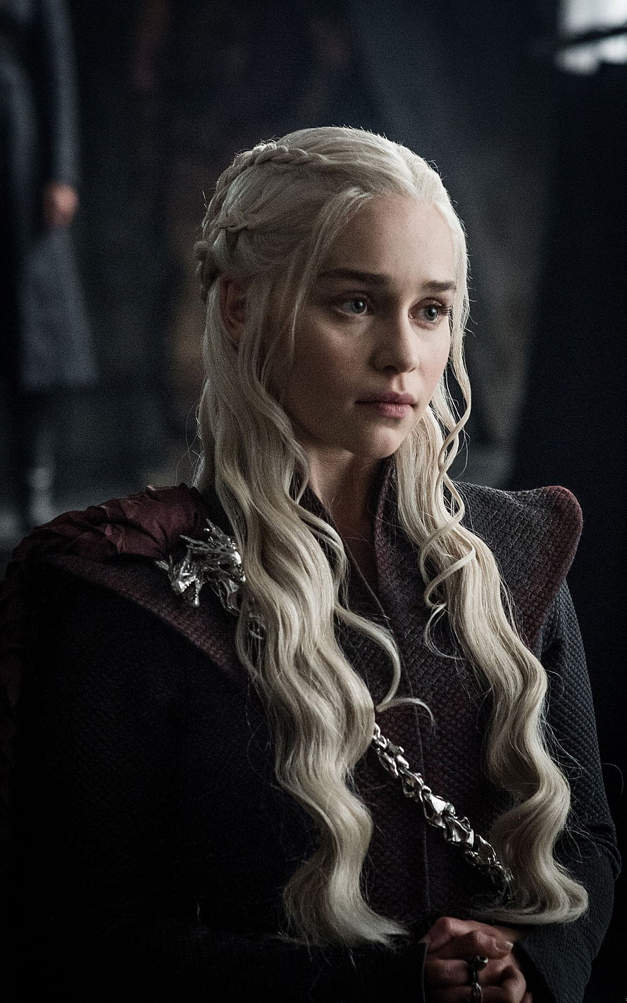 Daenerys Targaryen in Dark Medieval Attire with Silver Dragon Brooch HD phone wallpaper