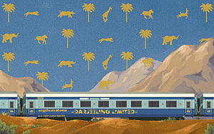 Wes Anderson Darjeeling Limited Train Illustration with Animal Silhouettes HD wallpaper