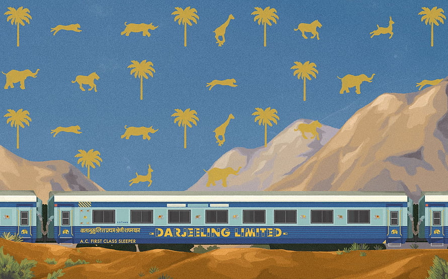 Wes Anderson Darjeeling Limited Train Illustration with Animal Silhouettes HD wallpaper