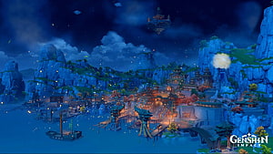 Liyue Harbor at Night During Lantern Rite Festival in Genshin Impact HD wallpaper