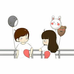 Cute Anime Couple Holding Animal Balloons at a Railing HD phone wallpaper