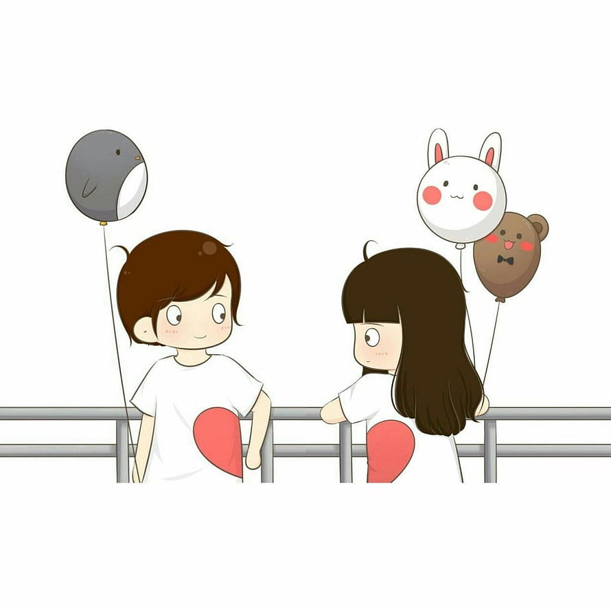 Cute Anime Couple Holding Animal Balloons at a Railing HD phone wallpaper