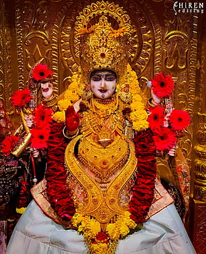 Meldi Maa Malataj Divine Idol Adorned in Gold Jewelry and Vibrant Flower Garlands HD phone wallpaper