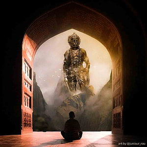 Majestic Hanuman Statue in Misty Mountain Valley Viewed Through Ancient Archway, hanuman ji 3d HD phone wallpaper