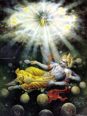 Lord Vishnu Reclining on Cosmic Serpent with Sudarshana Chakra and Divine Light HD phone wallpaper