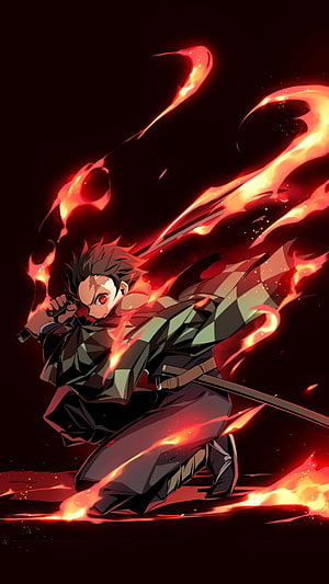 Tanjiro Kamado Wielding Flame Breathing in Demon Slayer Anime Artwork HD phone wallpaper