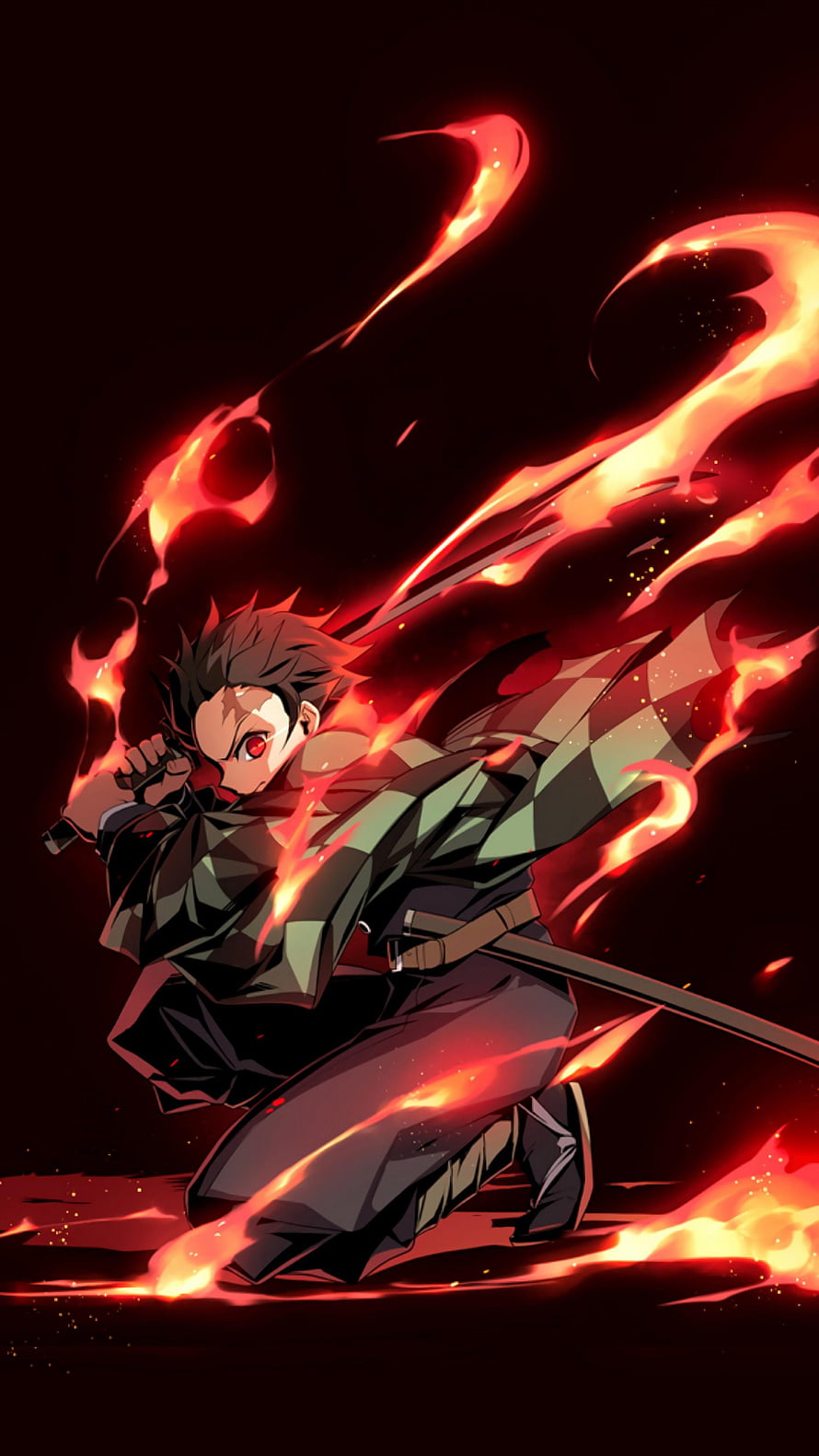 Tanjiro Kamado Wielding Flame Breathing in Demon Slayer Anime Artwork HD phone wallpaper