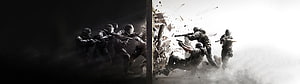 Split-screen tactical combat scene with soldiers breaching a wall in dramatic monochrome lighting HD wallpaper