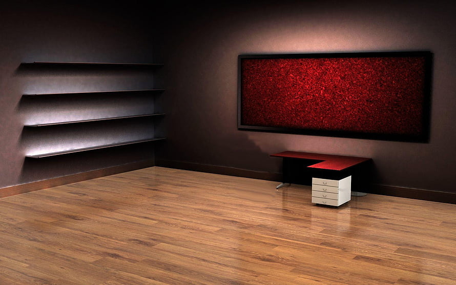 Modern minimalist office interior with dark walls, floating shelves, and a red abstract wall art piece HD wallpaper
