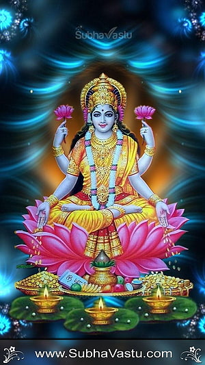 Maa Lakshmi Seated on Lotus with Oil Lamps and Golden Offerings HD phone wallpaper