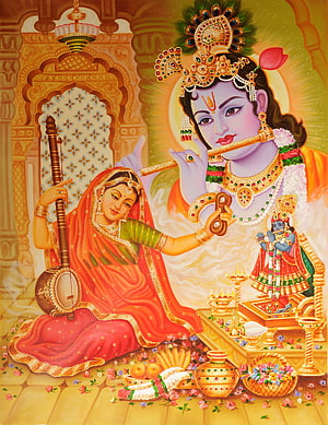 Mirabai and Krishna Devotional Artwork with Tanpura and Temple Setting HD phone wallpaper