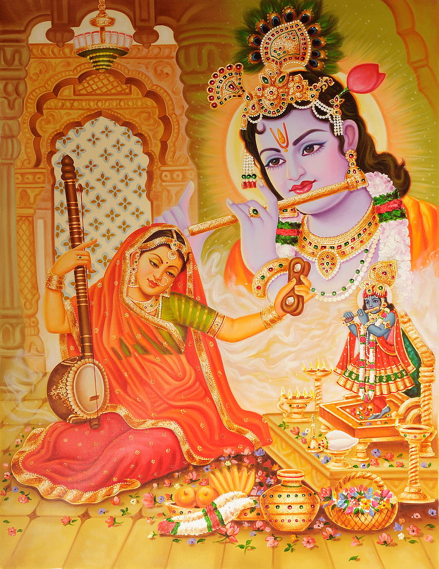 Mirabai and Krishna Devotional Artwork with Tanpura and Temple Setting HD phone wallpaper
