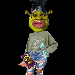 Baddie Shrek Meme Character in Streetwear Holding Snacks on Black Background HD phone wallpaper
