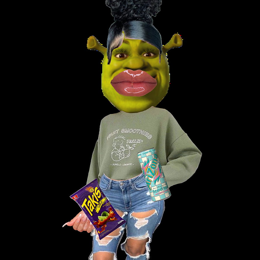 Baddie Shrek Meme Character in Streetwear Holding Snacks on Black Background HD phone wallpaper