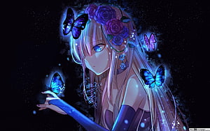 Anime Girl With Blue Butterflies And Purple Rose Crown In Dark Fantasy Setting HD wallpaper