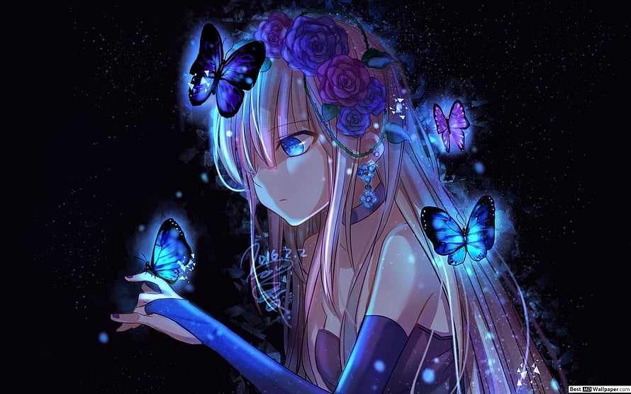 Anime Girl With Blue Butterflies And Purple Rose Crown In Dark Fantasy Setting HD wallpaper