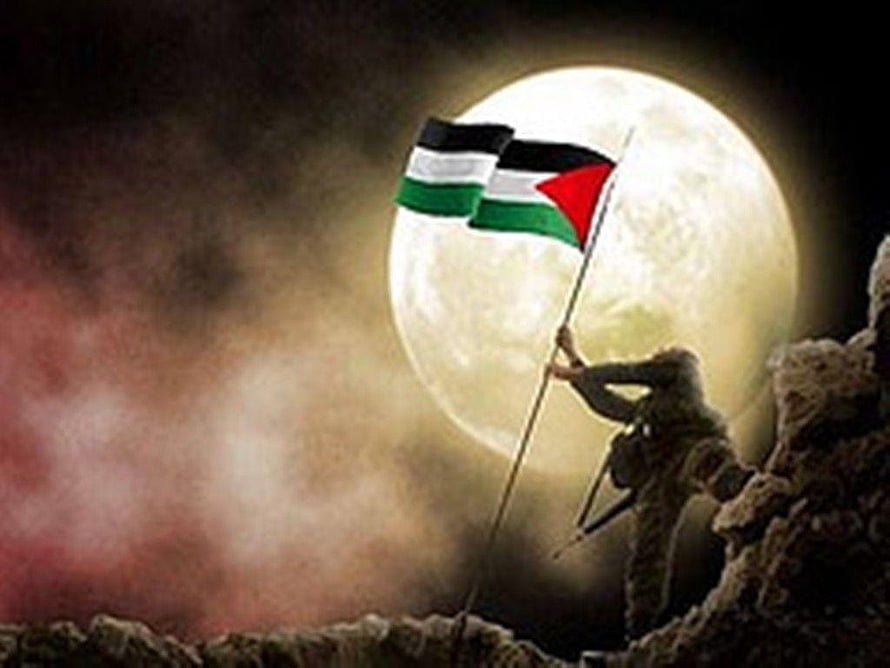 Palestinian Flag Raised Against Full Moon in Dramatic Night Scene HD wallpaper