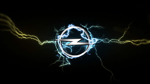 Opel Lightning Bolt Logo with Electric Blue and Yellow Sparks on Black Background HD wallpaper