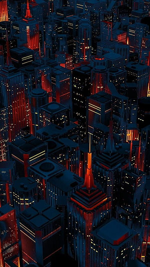 Retro Cyberpunk Cityscape at Night with Neon Red and Blue Skyscrapers HD phone wallpaper