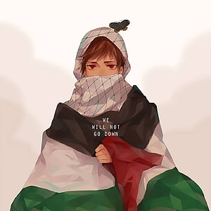 Anime Illustration of a Palestinian Figure Wrapped in National Flag with Butterfly HD phone wallpaper