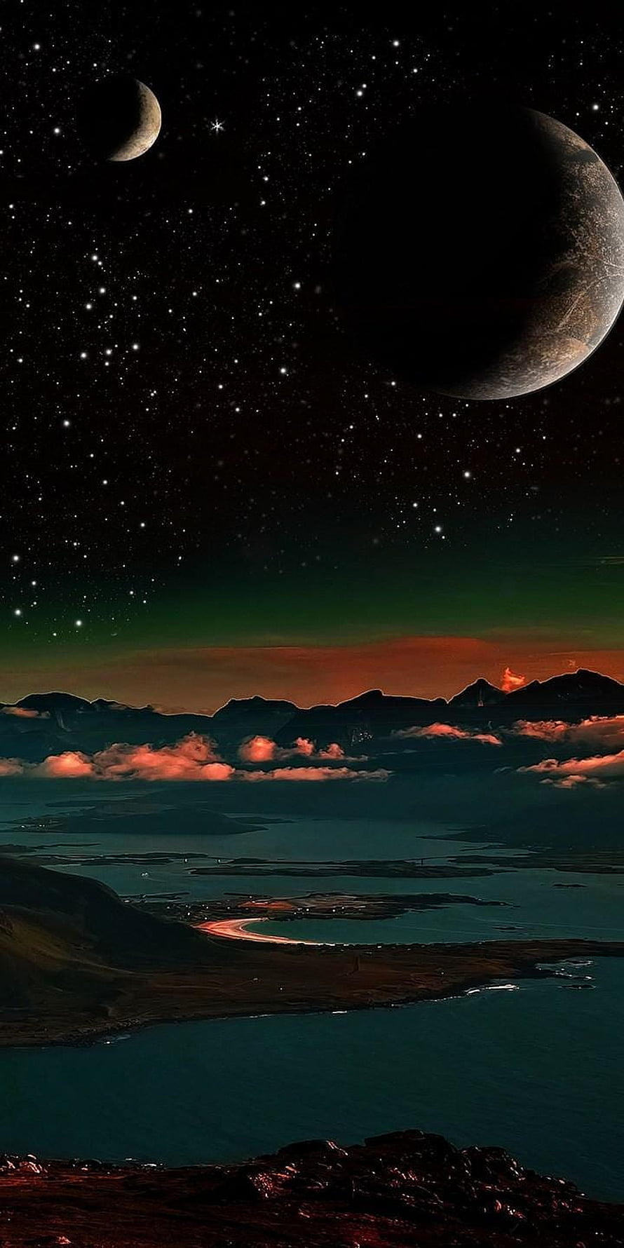 Alien Landscape with Twin Moons and Glowing Horizon Over a Dark Ocean HD phone wallpaper