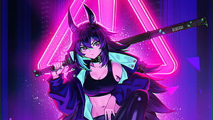 Cyberpunk Anime Girl With Cat Ears And Katana In Neon Pink Triangle HD wallpaper