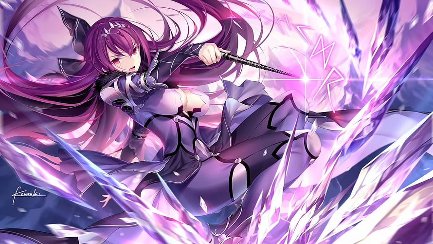 Scathach Skadi from Fate Grand Order wielding a spear amidst purple crystal shards and magical energy HD wallpaper