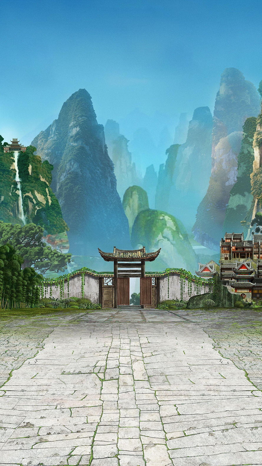 Kung Fu Panda 2 Ancient Chinese Village Gate With Misty Mountain Peaks And Waterfall HD phone wallpaper