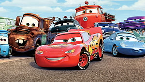 Cars Movie Lightning McQueen and Friends Animated Character Group Scene HD wallpaper