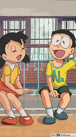 Nobita Nobi and Shizuka Minamoto Laughing Together in Classic Doraemon Anime Style HD phone wallpaper