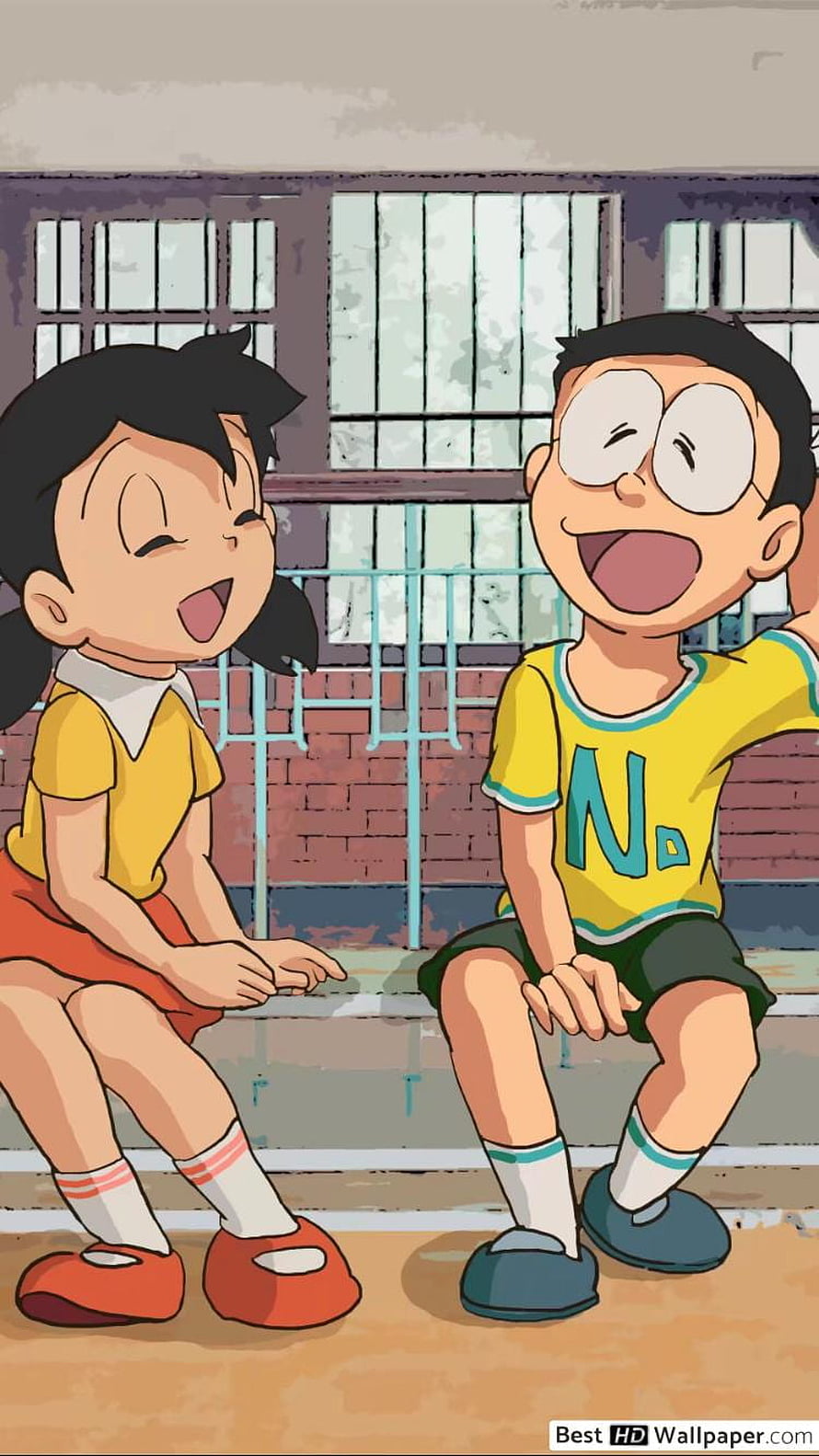 Nobita Nobi and Shizuka Minamoto Laughing Together in Classic Doraemon Anime Style HD phone wallpaper