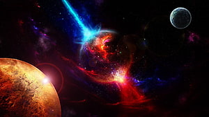 Vibrant Cosmic Nebula with Planets and Bright Blue Energy Beam in Deep Space HD wallpaper