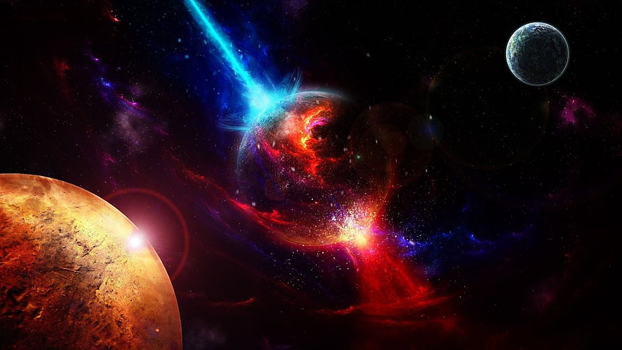 Vibrant Cosmic Nebula with Planets and Bright Blue Energy Beam in Deep Space HD wallpaper