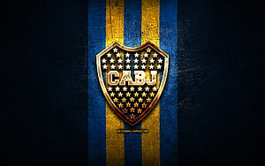 Club Atlético Boca Juniors Golden Shield Emblem on Textured Blue and Gold Striped Background HD wallpaper