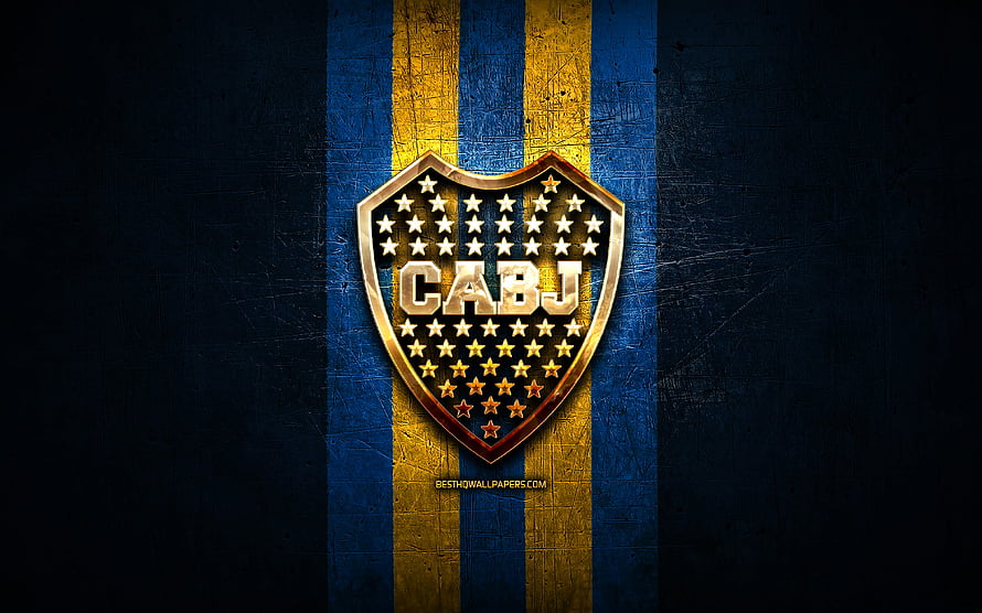 Club Atlético Boca Juniors Golden Shield Emblem on Textured Blue and Gold Striped Background HD wallpaper