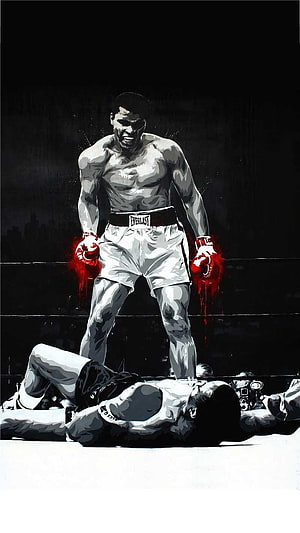 Muhammad Ali Standing Over Fallen Opponent in Dramatic Black and White Boxing Illustration HD phone wallpaper