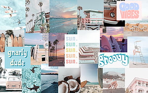Summer Beach Aesthetic Collage Featuring Surfboards, Vintage Van, and Retro Typography HD wallpaper