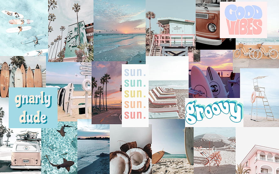 Summer Beach Aesthetic Collage Featuring Surfboards, Vintage Van, and Retro Typography HD wallpaper