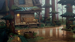 Gravity Falls Cabin in the Rain: Cozy Forest Scene with Warm Porch Light and Mossy Trees HD wallpaper