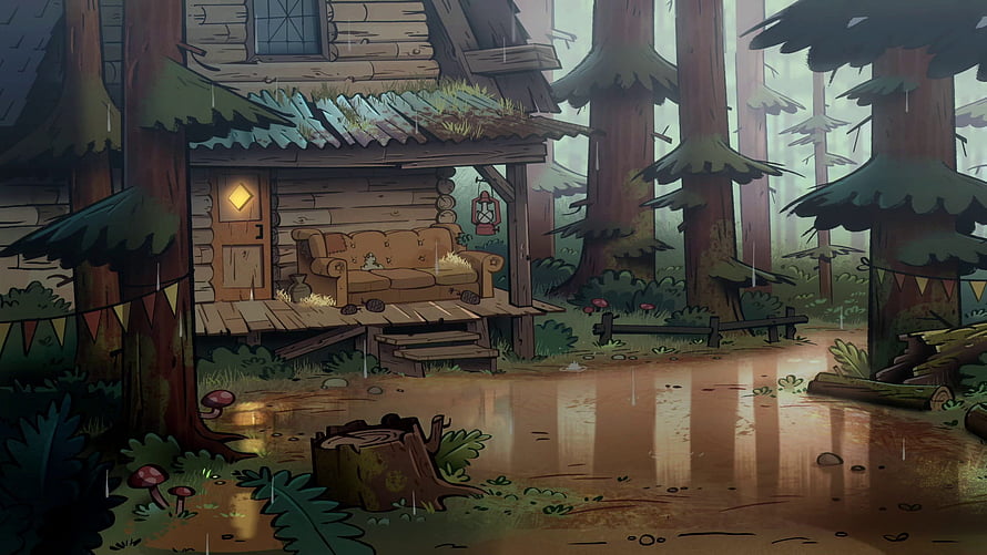 Gravity Falls Cabin in the Rain: Cozy Forest Scene with Warm Porch Light and Mossy Trees HD wallpaper
