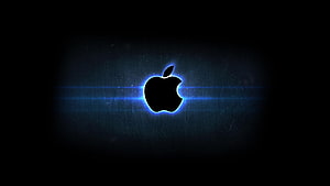Glowing Apple Logo on Dark Brushed Metal Background with Blue Light Flare HD wallpaper