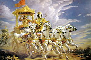 Arjuna and Lord Krishna in the Chariot of War from the Mahabharata Epic HD wallpaper