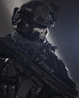 Tactical Soldier in Black Gear with Skull Mask and Modern Assault Rifle HD phone wallpaper