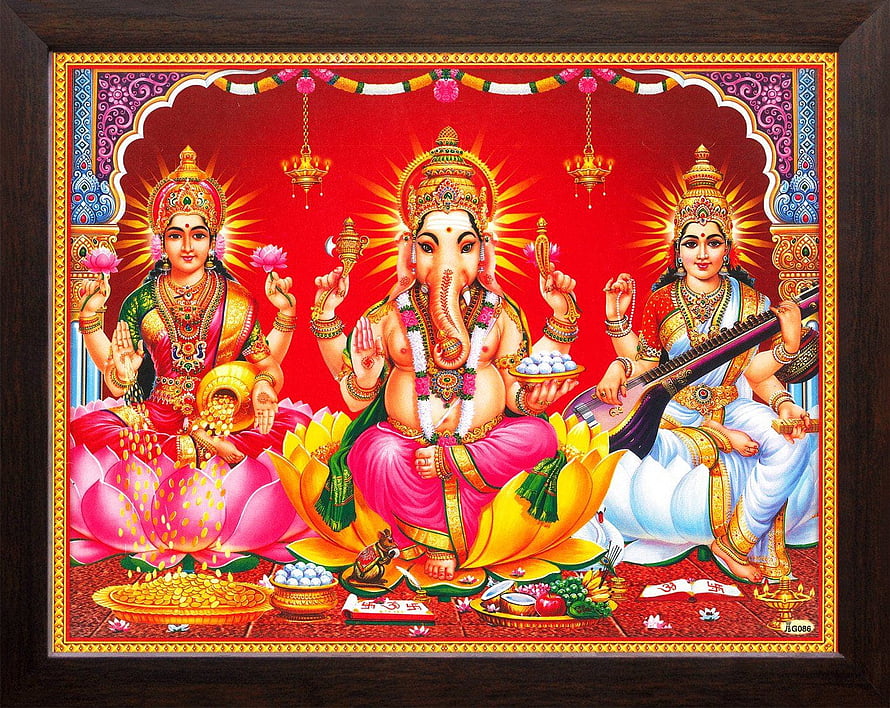 Lord Ganesha with Goddess Lakshmi and Saraswati on Lotus in Traditional Indian Art HD wallpaper